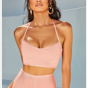 Rubbed bandage halter neck crop top in peach